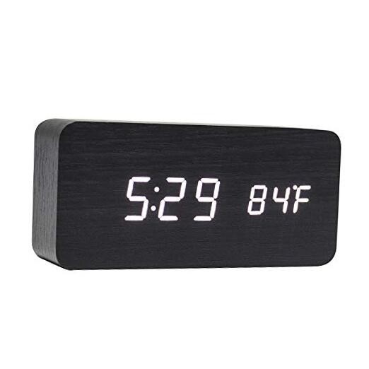 Wooden Digital LED Alarm Clock with 4 Alarms in Black & White Design