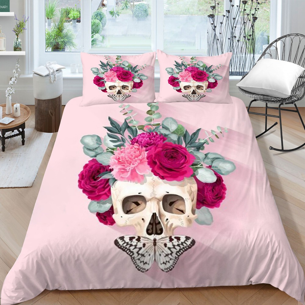 Pink Skull Floral Duvet Cover Set with Pillowcases for Queen Bed