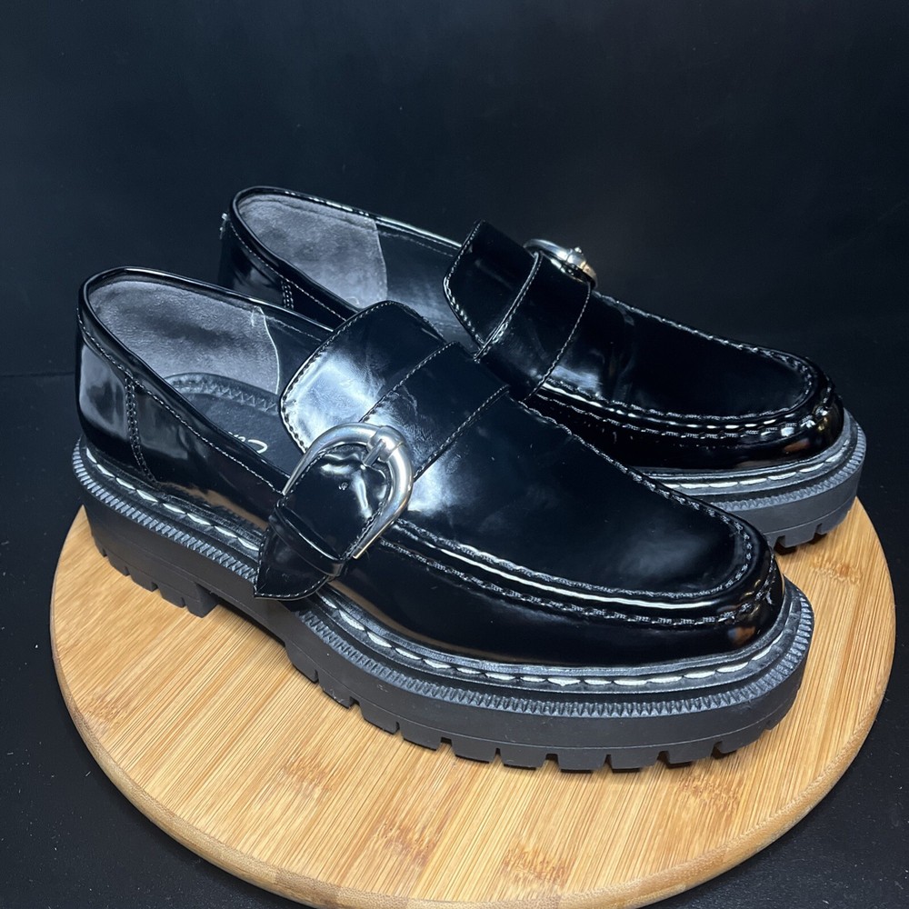 SAM EDELMAN Everly Chunky Platform Loafers in Black Faux Leather Size 10  