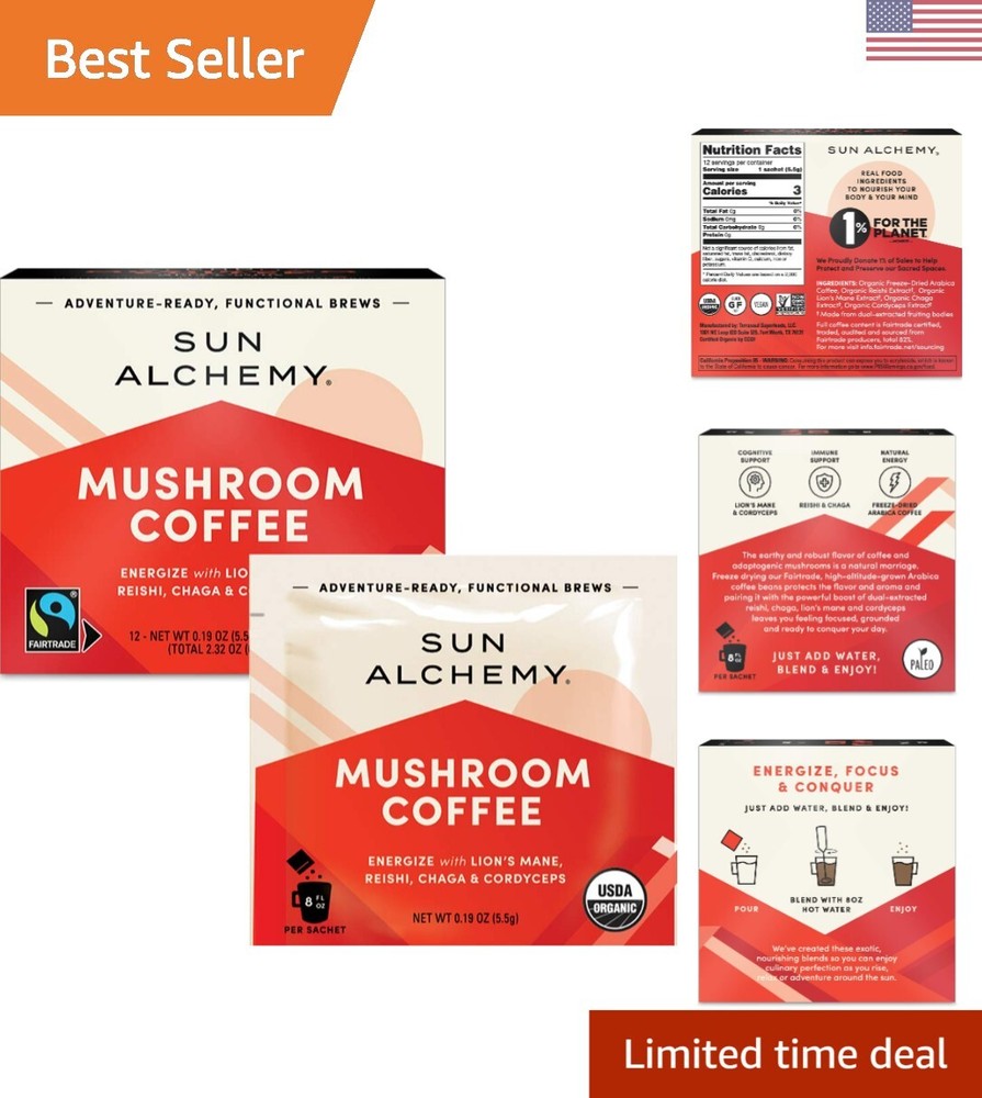 Sun Alchemy Mushroom Coffee, Energize with Organic Fair-Trade Coffee, Lion’s ...