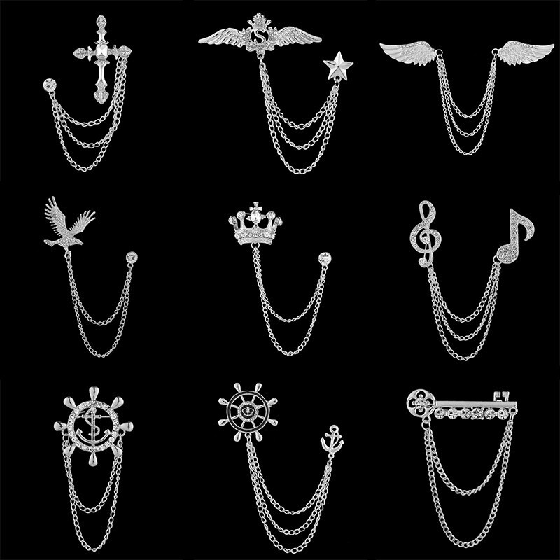 Rhinestone Brooch Men's Crystal Chain Brooch Lapel Pins Wedding Suit Accessories