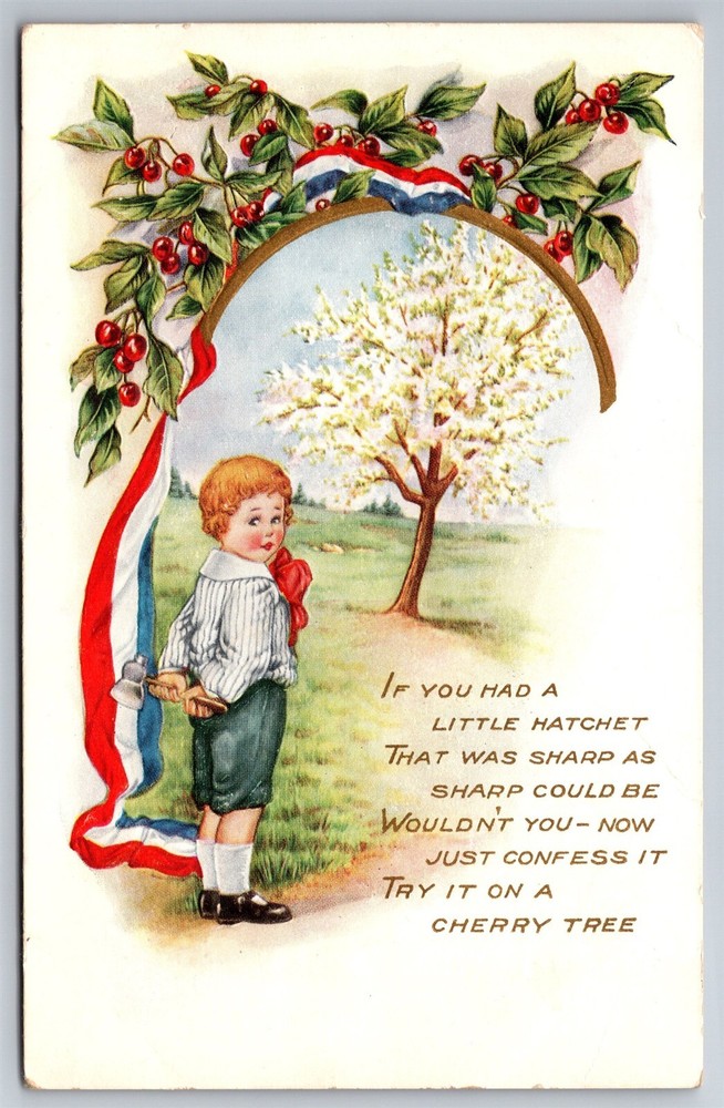 Vintage 1910s Postcard Boy with Hatchet Axe Cherry Blossom Tree Y7