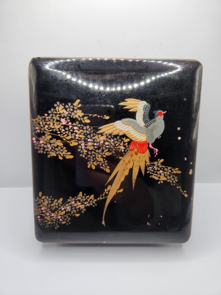Vintage Black Wooden Asian Lacquered Box With Birds And Pink Cherry Blossom Tree