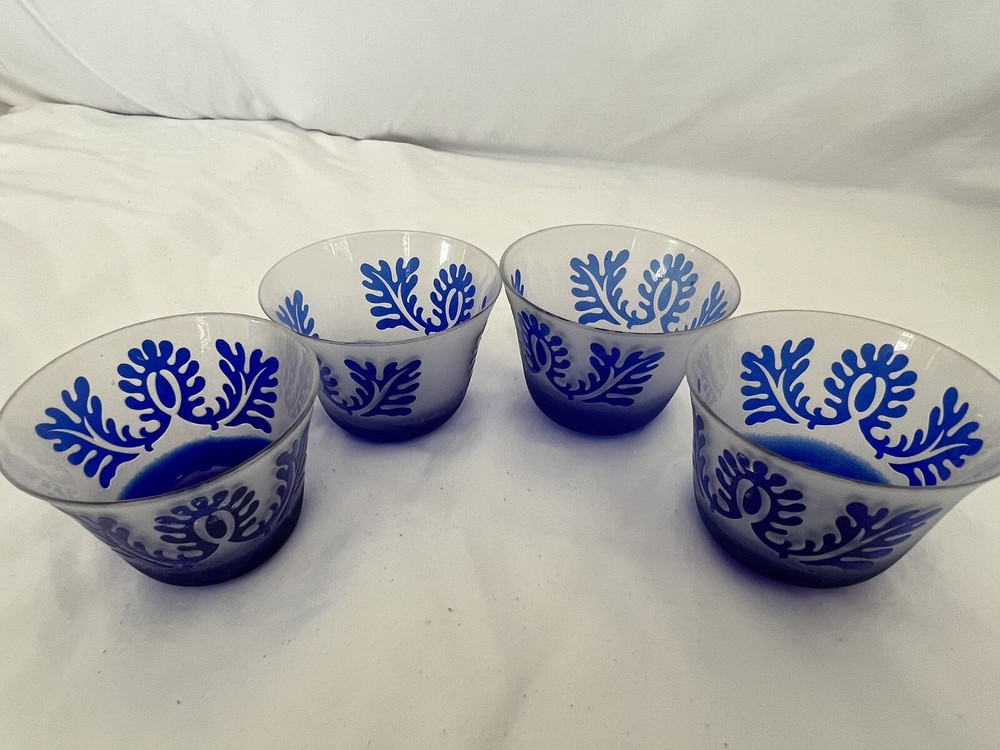 4 Cobalt Blue Frosted Glass Tea Light Holders Set