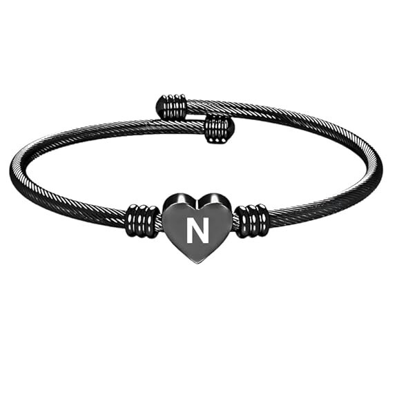 Stainless Steel Heart Word-N Bracelet Engraved Charm Bracelet for Women Black