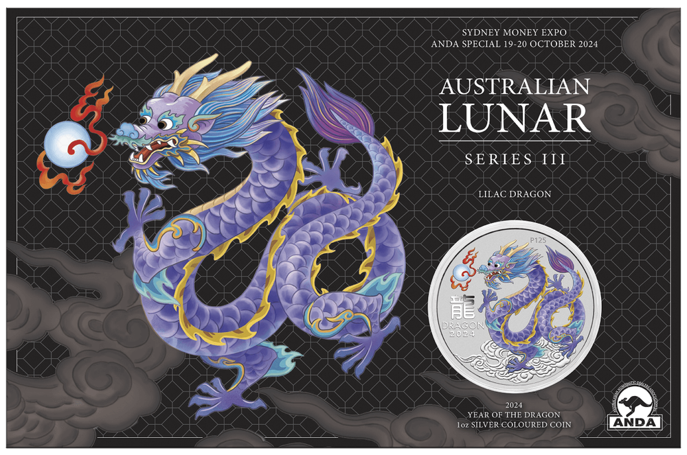 2024 Australia ANDA Lunar Year of the Dragon 1 oz Silver Lilac Coin in Card