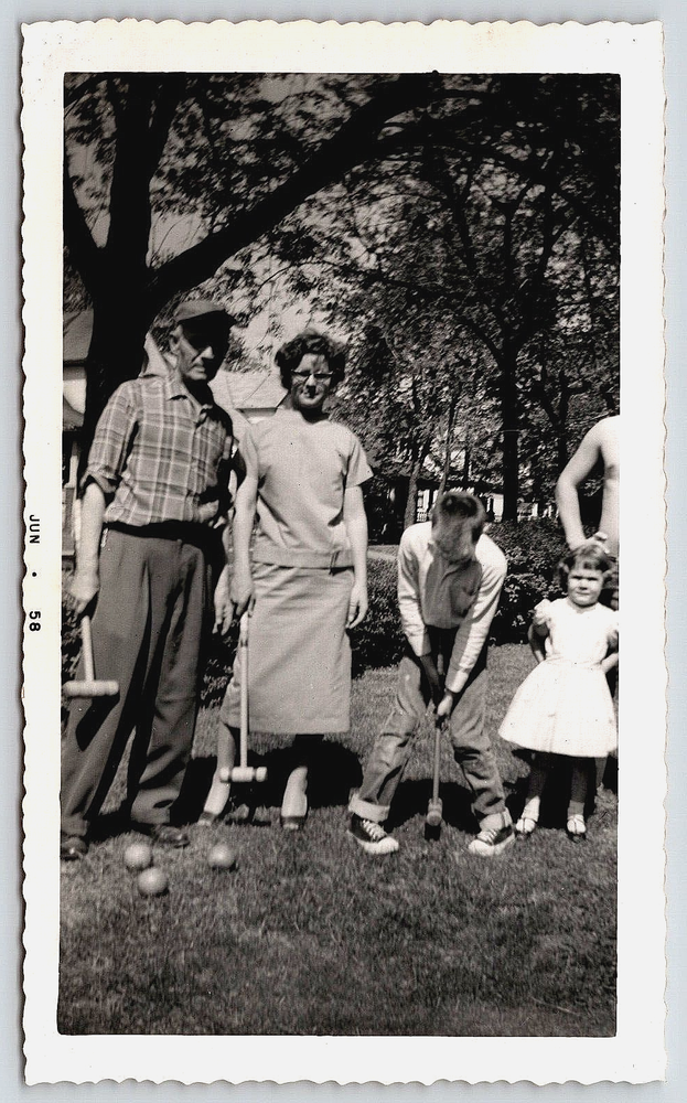 Vintage Antique Photo of Family Children Playing Croquet on Grass