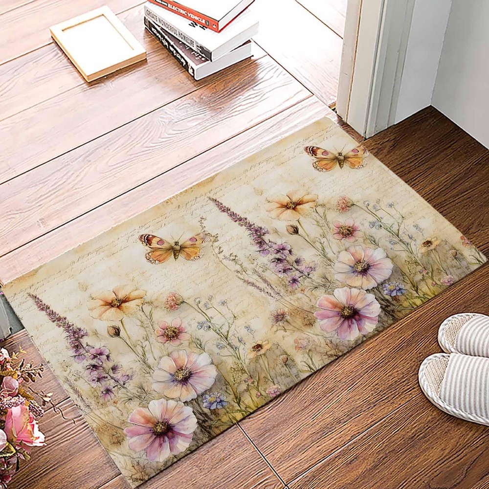 Retro Wildflowers Entrance Floor Mat Personalized Doormat, Butterfly Newspape...