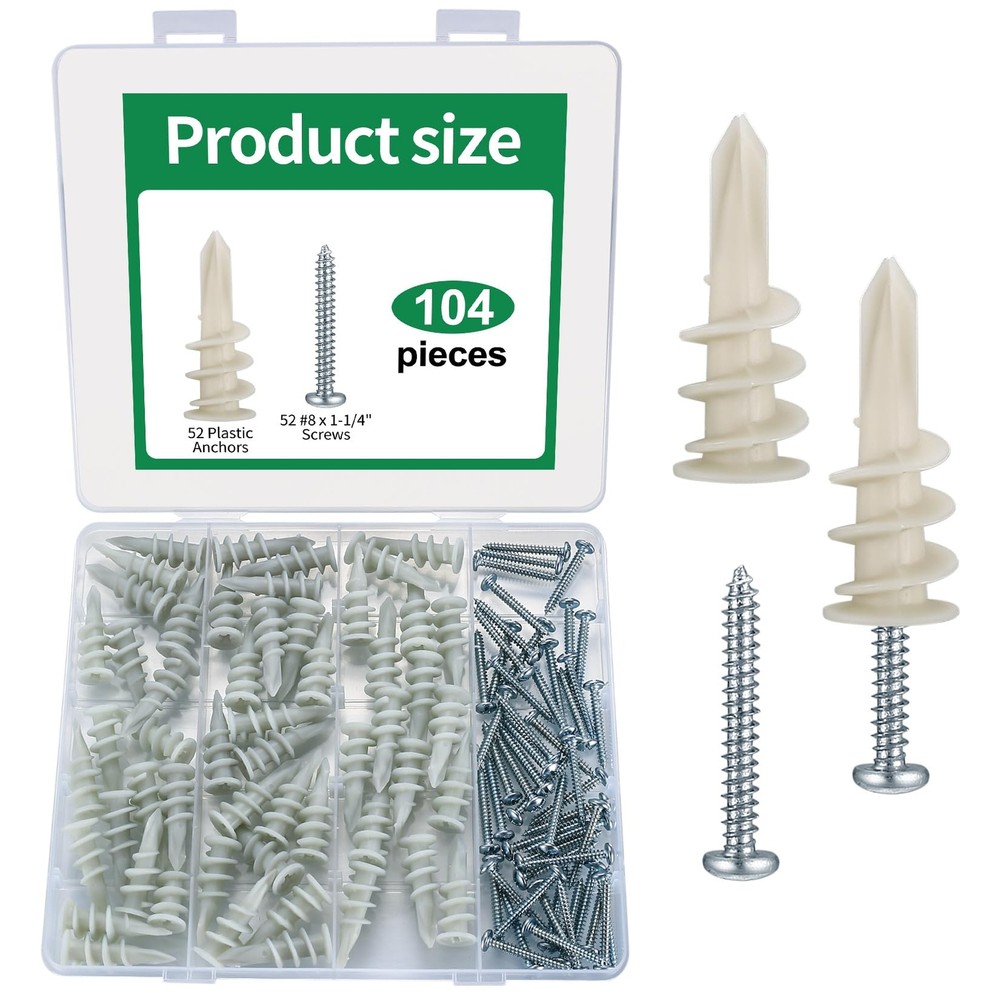 104 Pcs Wall Anchors and Screws for Drywall(52 x #8 Self Drilling Drywall Anc...