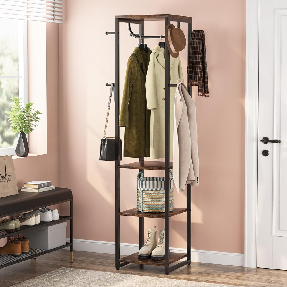 Coat Rack Freestanding with Shelves, Industrial Hall Tree with 4 Shelves