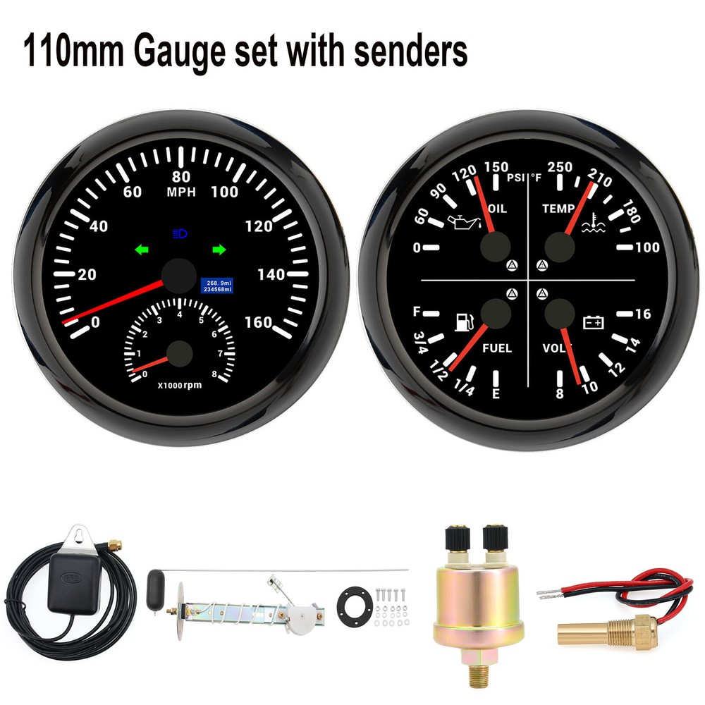 110mm GPS Speedometer 0-160MPH Tacho & 4-in-1 Gauge Set with Senders