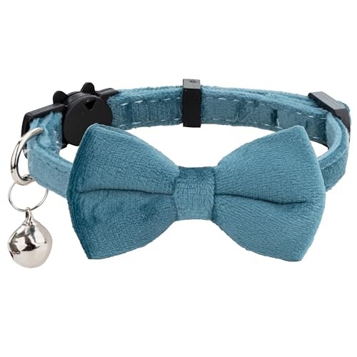 Soft Velvet Cat Collar with Bow Tie Bell Breakaway Safety for Boy or Girl Blue 1pc