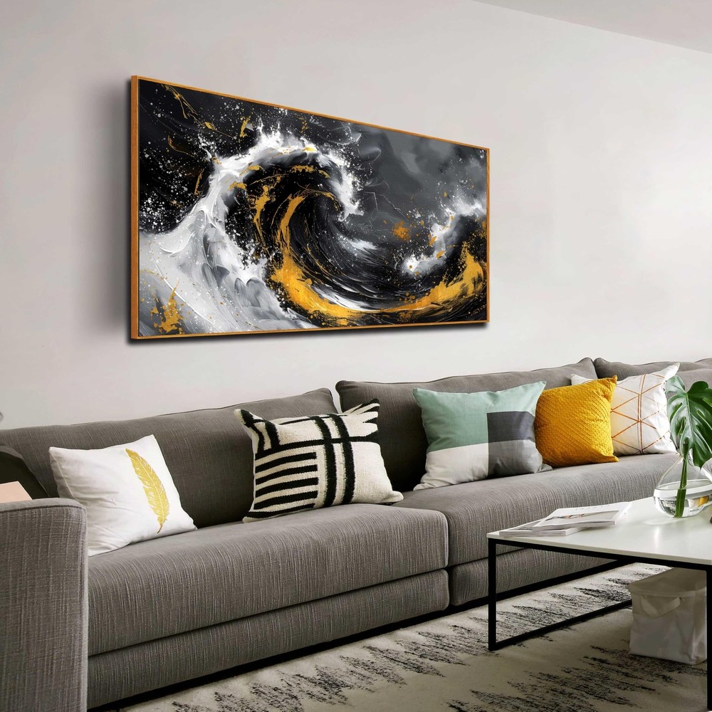 Ocean Wall Art for Living Room, Abstract Wall-Decor for Bedroom, Black and Go...