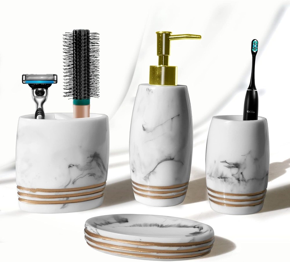 Resin 4pcs Bathroom Accessory Set Including Tumbler, Soap Dish, Liquid White