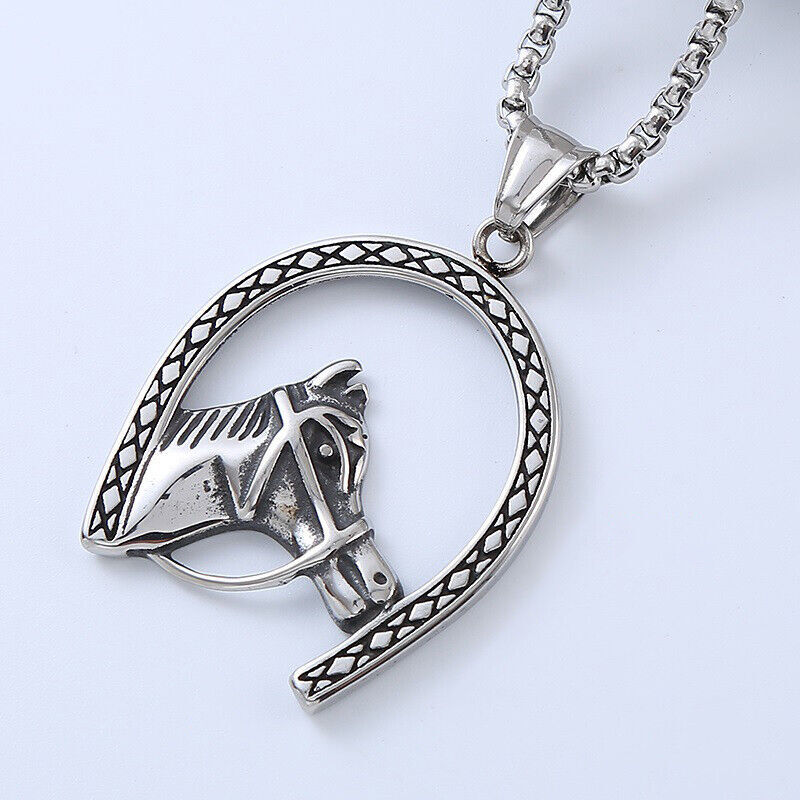 Men Lucky Animal Horse Necklace Stainless Steel Punk Rock Pendant Chain Gift