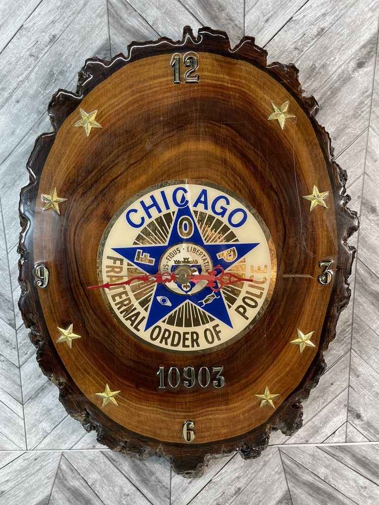 Vintage Chicago Fraternal Order Of Police Burl Wood Clock 10903
