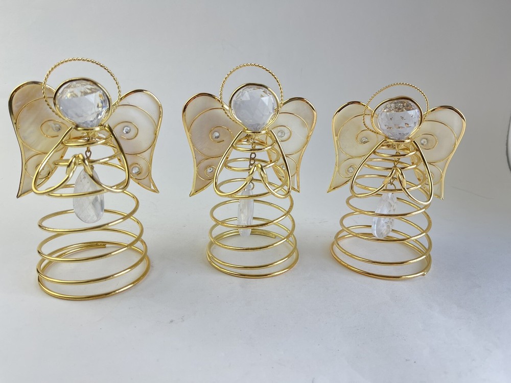 3 Vintage Angel Abstract Wire Capiz Sea Shell Crystal Style Hand Cross Figurine