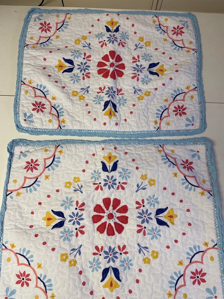 Quilted Standard Pillow Shams (2) White w/Colorful Floral Print Crochet Trim