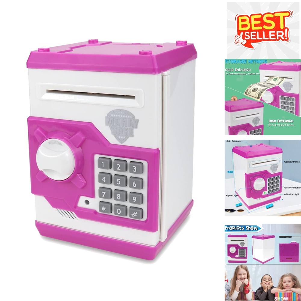 Pink Password Piggy Bank for Kids - Auto Scroll Money Box, Perfect Gift Toy-image