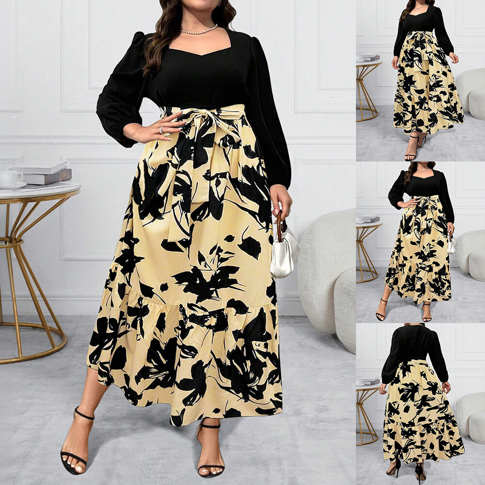 Plus Size Womens Floral Long Maxi Dress Ladies Lantern Sleeve Casual Party Dress
