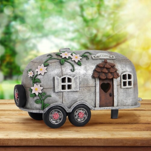 6 Inch Solar Silver Camping Trailer Garden Statue