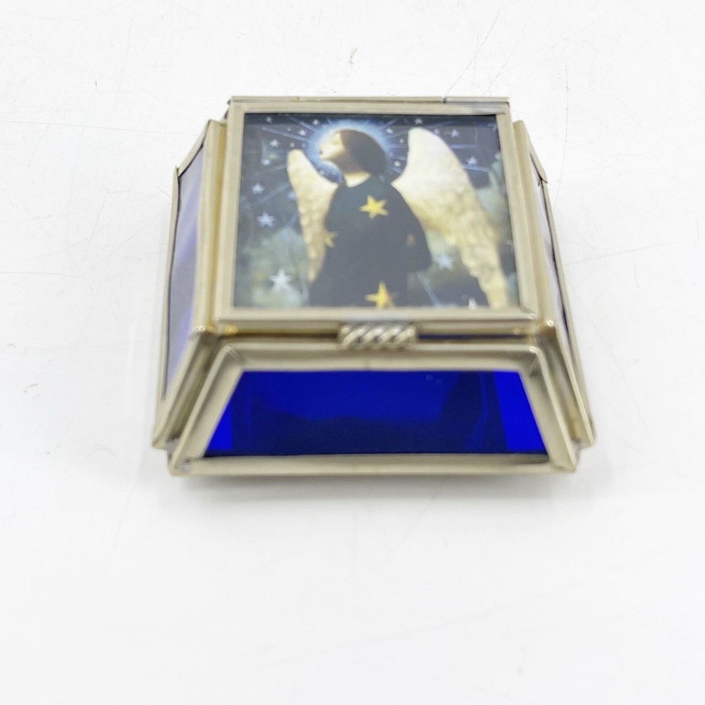 Vintage Viva Mexico Silver Stained Glass Trinket Box Hinged Lid Angel Mirror