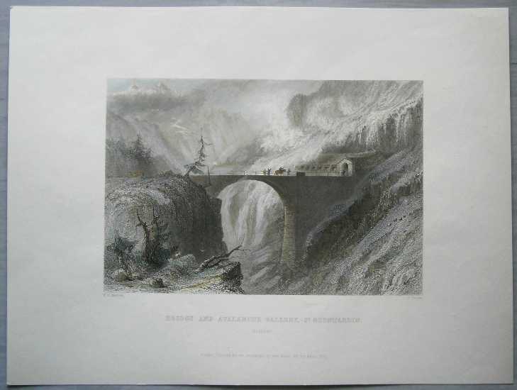 1835 Bartlett print BRIDGE & AVALANCHE GALLERY, SAN BERNARDINO PASS, SWITZERLAND
