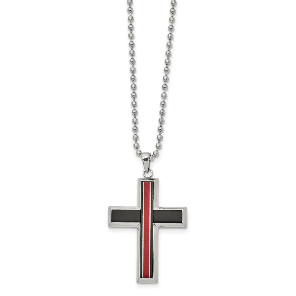 Stainless Steel Polished Cross Pendant Necklace with Fiber Glass Ball Chain 22 Inch