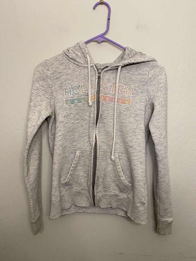 Hollister Women Small Full Zip Up Hoodie, Grey With Pastel Colors